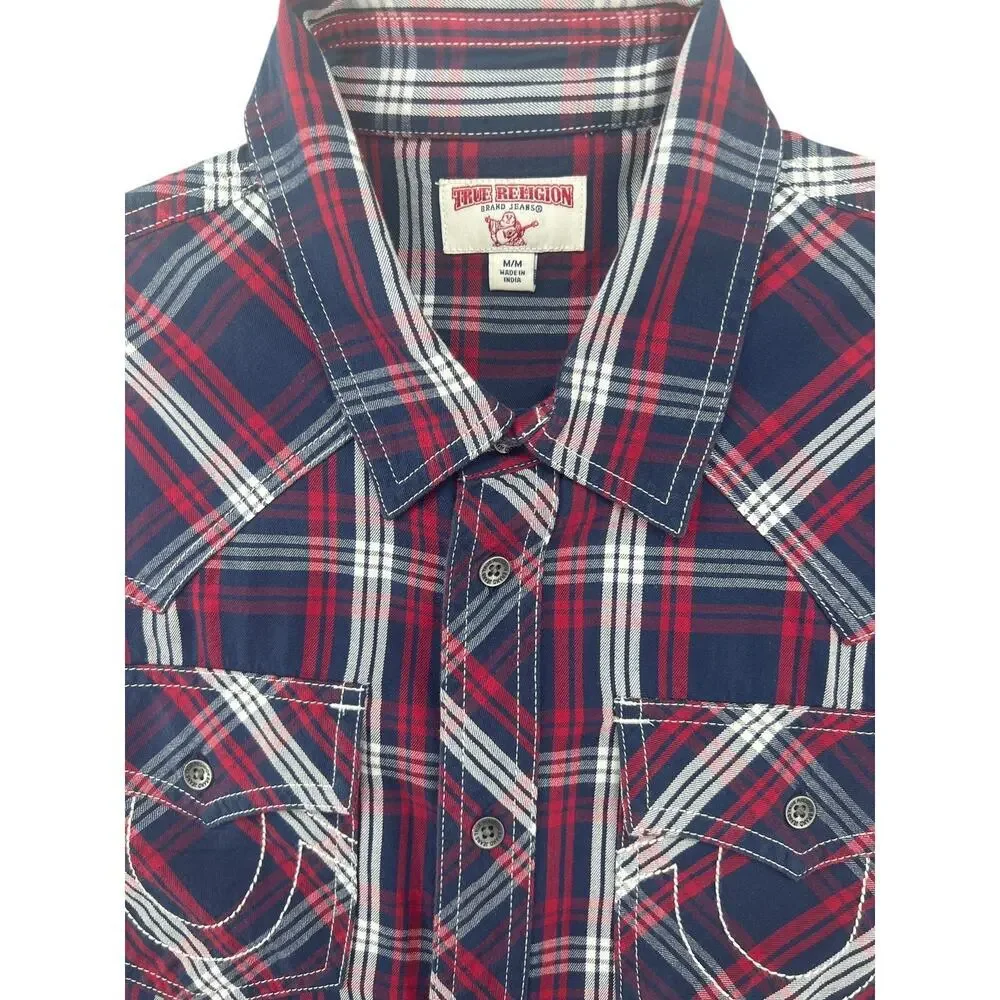 True Religion Plaid Western Shirt Mens M Red Blue Pearl Snap Flap Pocket